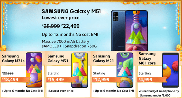 Samsung Galaxy M51 or M31 or M31s or M21 or M01 core mobile Diwali offers