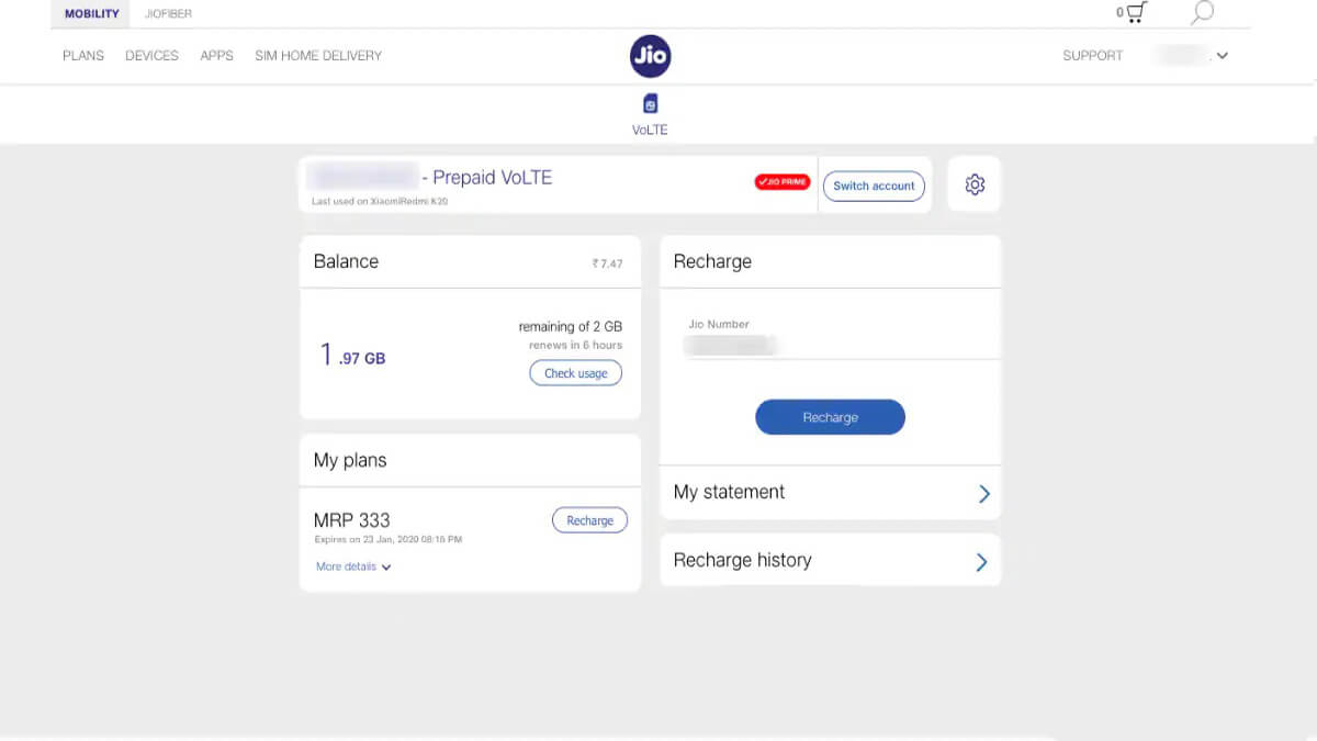 Jio remaining data check on website
