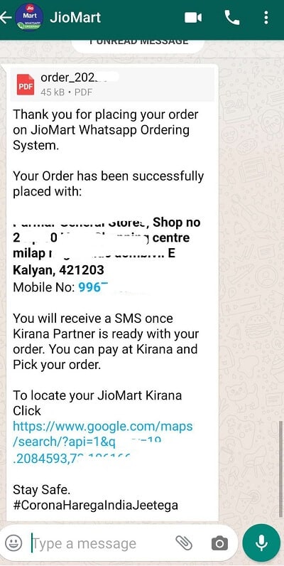 JioMart order confirmation
