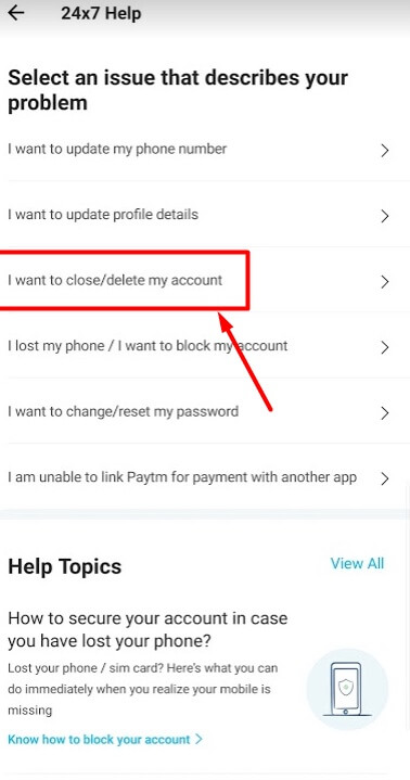 click on close paytm account option