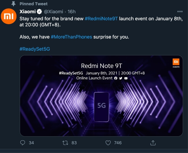 Xiaomi Redmi Note 9T launch date
