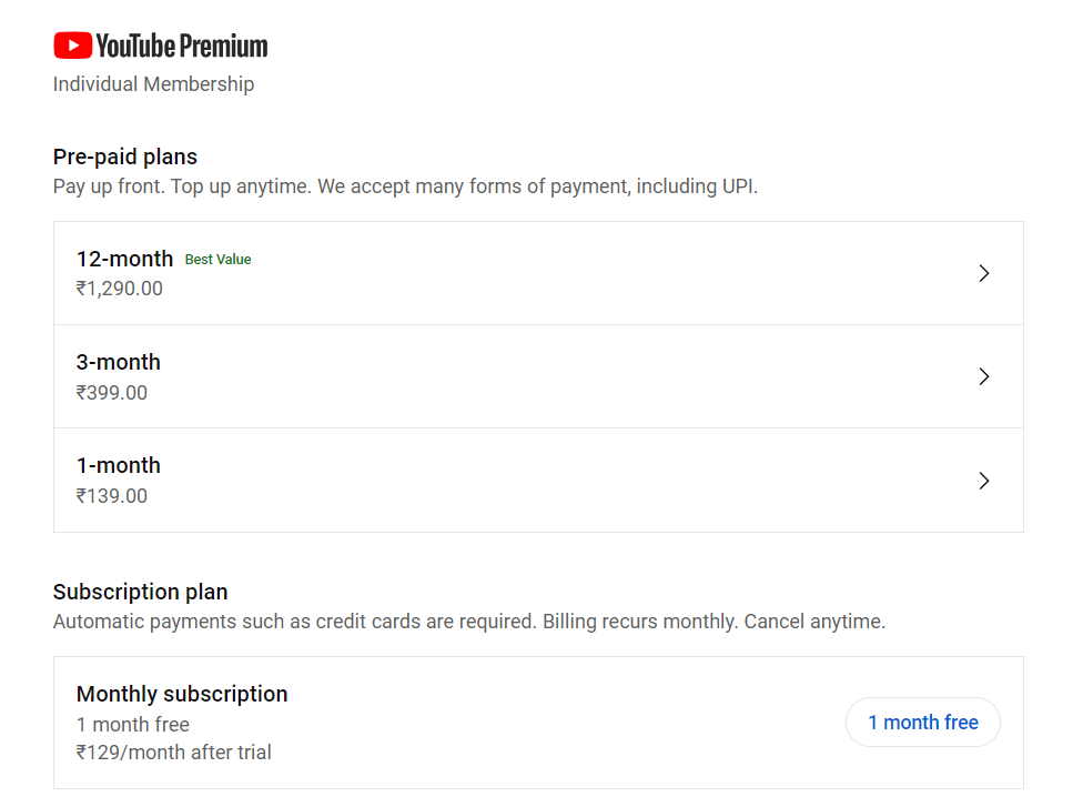 Youtube premium plans
