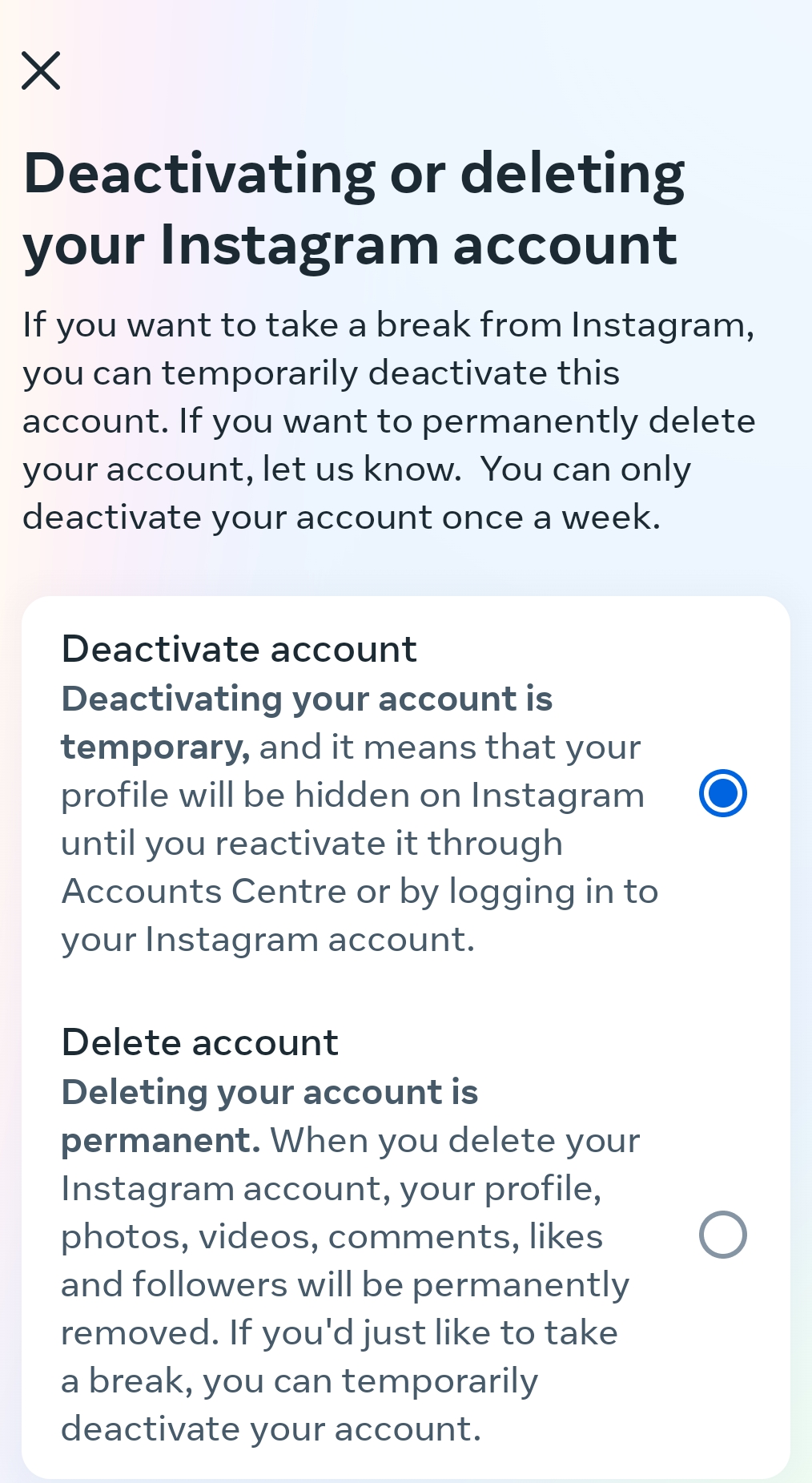 deactivate or download insta account